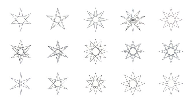 Set of minimalist geometric star icons and abstract line art symbols on white background