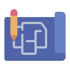 Obraz premium blueprint flat icon. rolled technical drawing with plan and schematic detail. used for architectural and engineering project documentation. structural engineering and civil construction