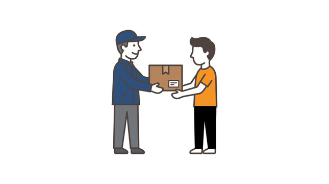 Two men exchanging a cardboard box.