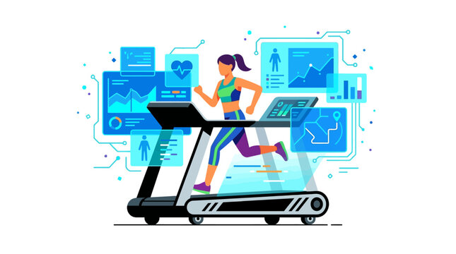 woman running on treadmill with digital fitness tracking graphics