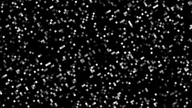 Abstract black and white digital pixel rain animation with moving small square blocks for retro tech and cyberpunk data stream background concept