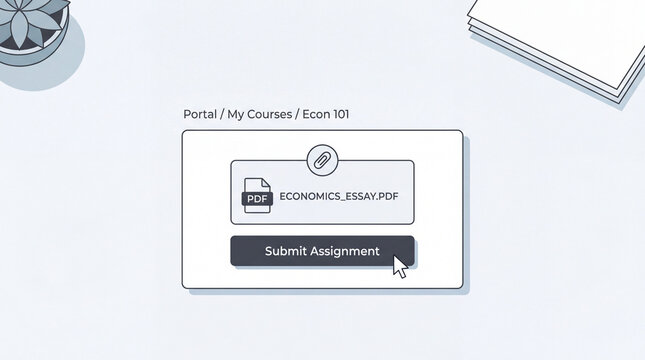 Vector illustration of a mouse cursor clicking the submit assignment button for a PDF essay portal