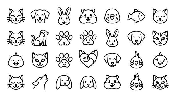 Title: Cute Monochrome Pet Character Line Art Icons with Playful Animal Faces Vector Set