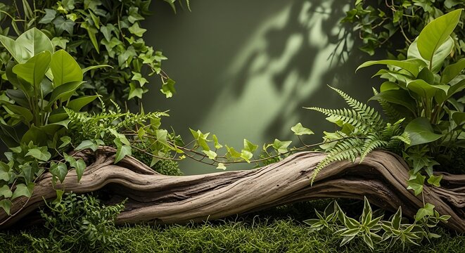 A fallen tree log covered in moss and lush green ferns in a dark moody forest with soft natural light streaming through leaves