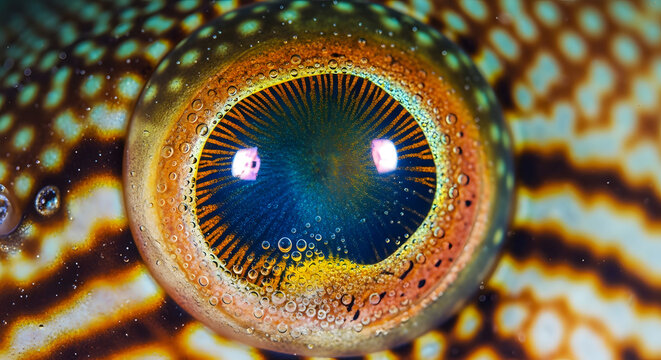Macro photography of a grouper fish eye showing intricate iris details