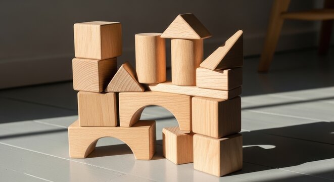Stack of smooth natural birch wood building blocks scattered on a light floor with natural sunlight and shadows