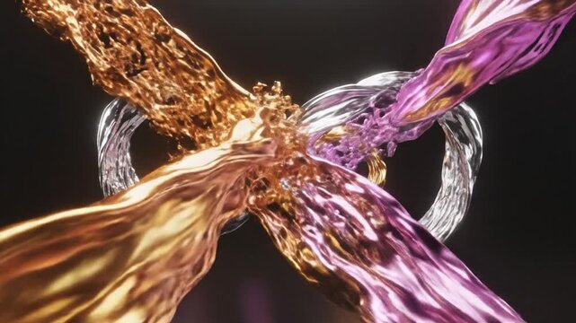 Golden and purple metallic liquid infinity symbol sculpture.