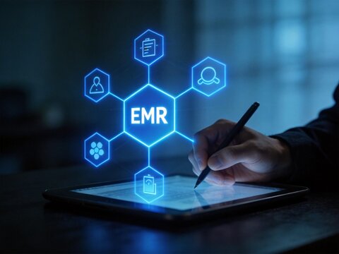 Person interacting with digital EMR interface on tablet, displaying healthcare data icons in a futuristic setting