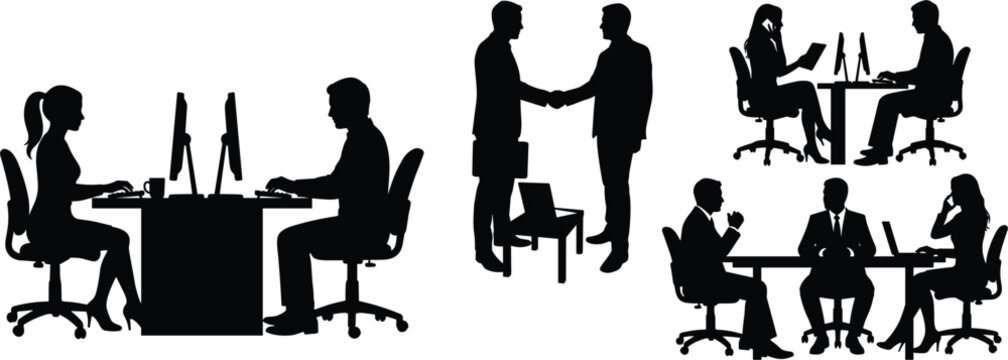 Black silhouette collection of business people working at desk handshake meeting and collaborating in the office