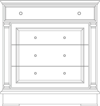 Technical line art of a classical chest of drawers or dresser in front elevation view. Features a top drawer, three stacked lower drawers, fluted pilasters, and crown molding.