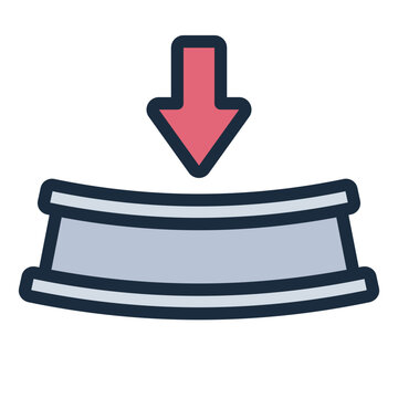 deflection beam filled line icon. horizontal beam bending downward under load shown with arrow. used to illustrate structural stress and deformation. structural engineering and civil construction