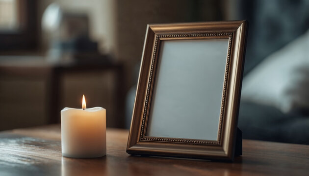 empty picture frame standing on a wooden table next to a burning candle symbolizing loss absence memory or grief in a dimly lit cozy room