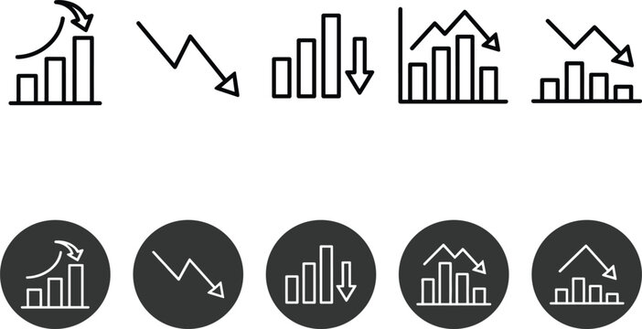 Business crisis line icon set showing downward financial graph chart bankruptcy failure and market decrease arrows