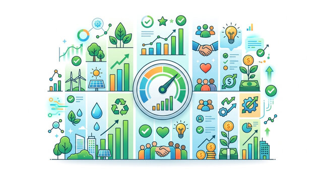 Illustration of sustainable development concepts with a central speedometer, charts, and renewable energy icons against a white background, conveying environmental progress
