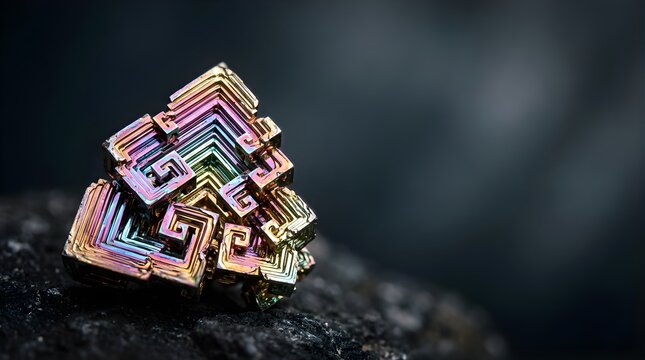 Iridescent bismuth crystal structure macro photography on dark background
