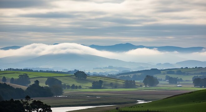Beautiful morning mountain landscape with soft clouds rolling over green hills and a peaceful river valley during early sunrise
