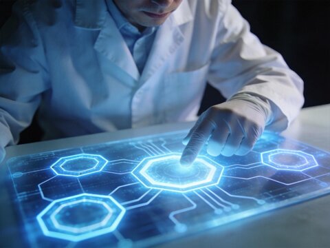Scientist interacting with a futuristic holographic interface displaying hexagonal circuit patterns.