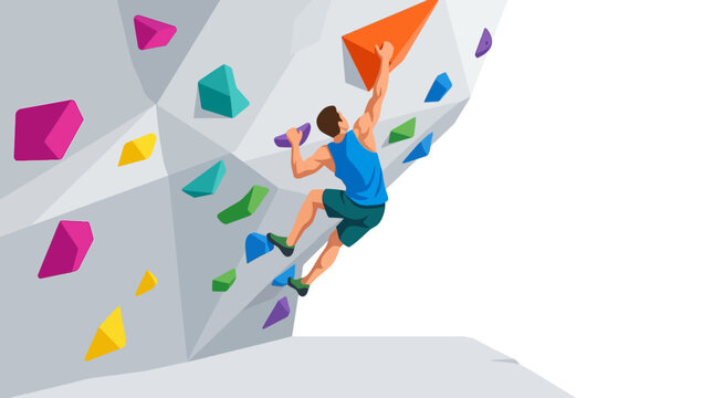 man climbing colorful indoor rock wall illustration