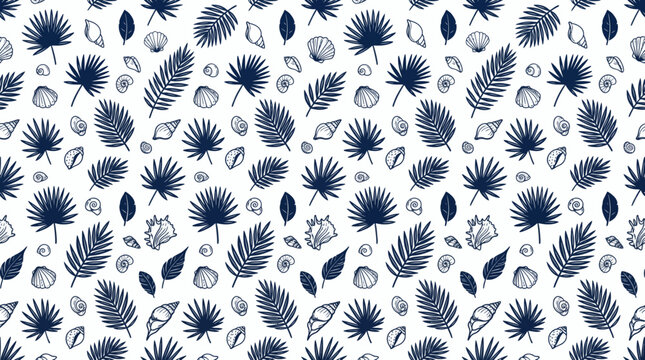 Navy blue tropical leaf and seashell seamless pattern