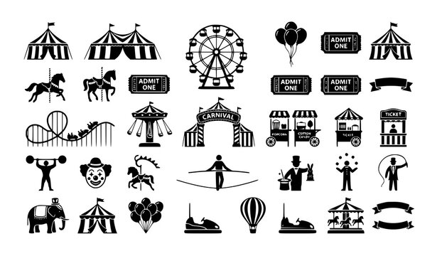 Monochrome carnival and circus silhouette collection editable vector illustration