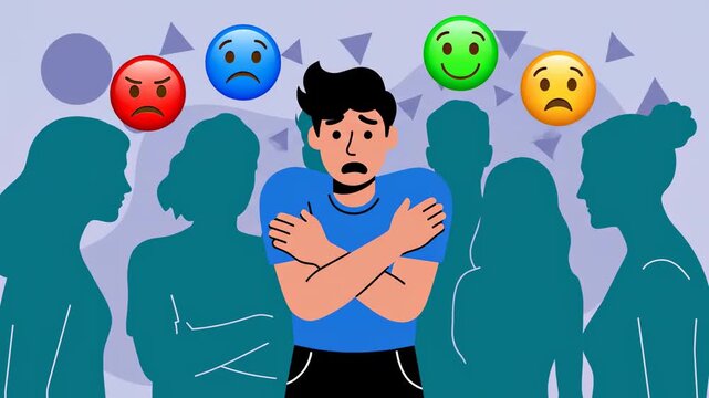 Sad Young Man Animation Depicting Social Anxiety and Loneliness on Purple Background for Mental Health Awareness.