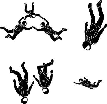 Skydiving and Freefall Silhouette Set Vector Illustration Featuring Extreme Sports Parachuting Body Positions