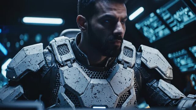 Futuristic Space Pilot in Weathered Tactical Armor Sitting in a High-Tech Spaceship Cockpit with Glowing Blue Digital Displays, Ideal for Sci-Fi Movie Trailers or Gaming Concepts.