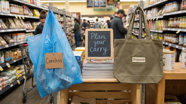 Reusable Bags and 'Plan Your Carry' Sign for No Plastic Day