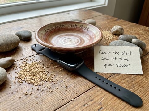 Smartwatch next to a bowl encouraging Digital Detox and slower time