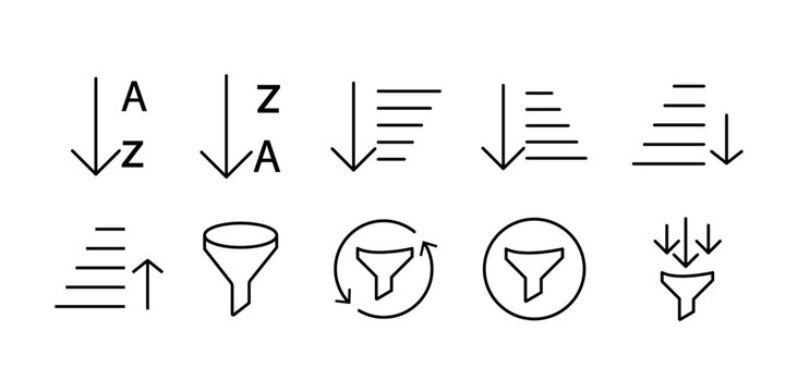 Filter icon set. data organization icon set. short icon set. alphabetical filtering symbol. filter png and vector illustration on transparent background.