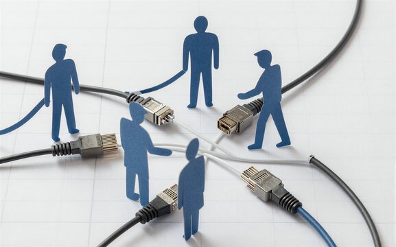 Paper cutouts of people connected by cables, symbolizing networked communication.