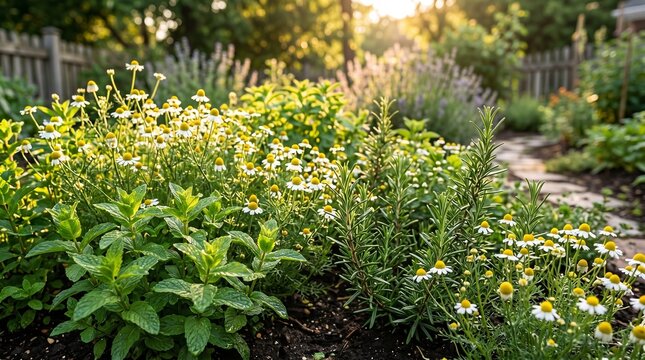Fresh green herbs and small daisy flowers growing in a sunny garden bed during a bright spring afternoon in the countryside