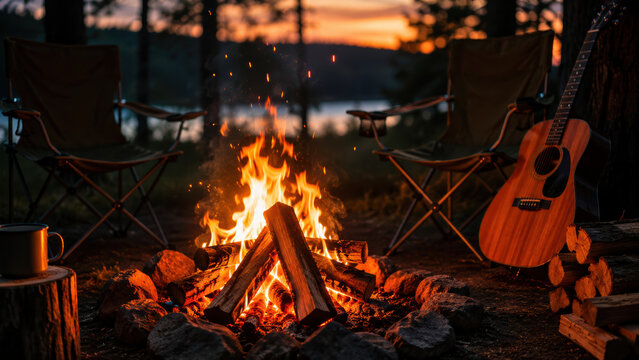 A warm crackling campfire glowing at dusk, sparks rising gently, with two empty camping chairs and a guitar resting nearby. Analog evening gathering and digital detox concept.