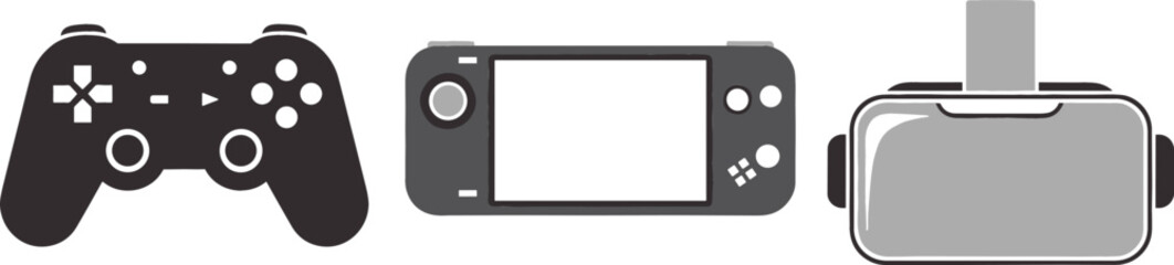 Gaming and Virtual Reality Device Icon Set Featuring Wireless Gamepad Controller, Handheld Portable Console, and VR Headset Vector Graphics © monoara