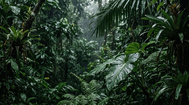 Sunlight shining through deep green tropical jungle leaves and dense rain forest plants in a wild natural summer environment