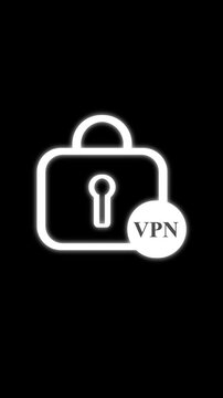 Animated Arabic letter Kaaf graphic on black background, glowing neon effect, close up of a digital padlock icon with VPN symbol.