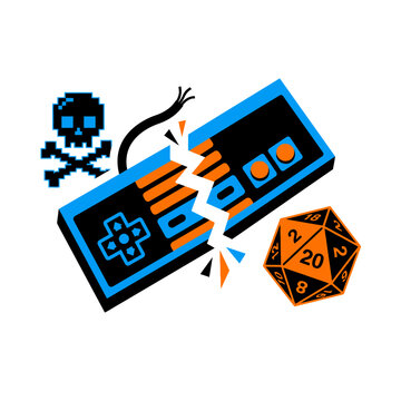 Broken retro game controller with a d20 die and skull