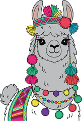 Naklejka premium Cute Cartoon Llama Vector Character Wearing Colorful Traditional Peruvian Headband Pom Poms Tassels and Festive Blanket Isolated on White Background