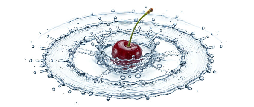 Macro high speed photography of deep red cherry with stem water splash isolated on white