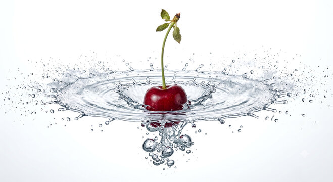 Macro high speed photography of deep red cherry with stem water splash isolated on white