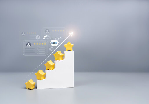 AI customer satisfaction rating system with rising star performance concept. Smart recommendation technology, customer feedback analysis, service quality improvement and business growth optimization.