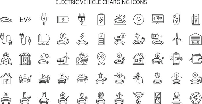 Electric Vehicle Charging Icon Set With Battery Plug Station Car Symbols Vector Illustration For Sustainable Mobility Design