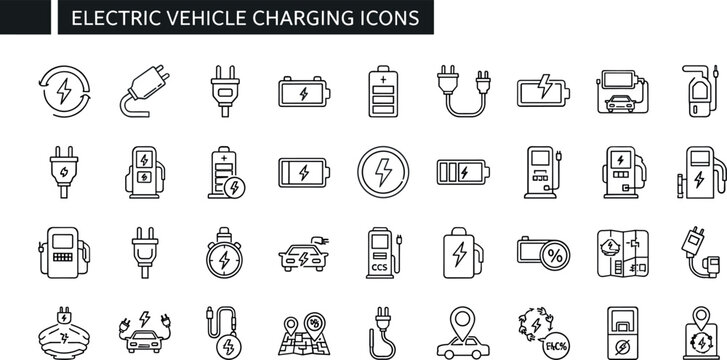 Electric Vehicle Charging Icon Set with Battery Power Plug Station and Sustainable Transport Line Symbols Vector Illustration
