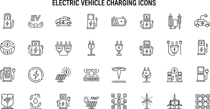 Electric Vehicle Charging Line Icon Set With Battery Plug Station Renewable Energy And EV Infrastructure Vector Illustration Design