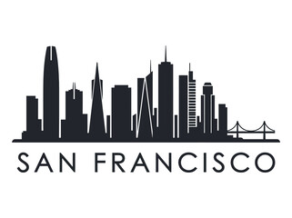 Fototapeta premium Iconic San Francisco city skyline vector illustration featuring famous architectural landmarks and bridge silhouette for urban design projects.