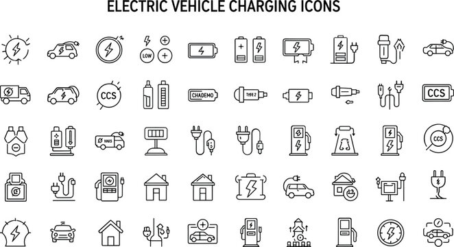 Electric Vehicle Charging Line Icon Set With Battery Station Plug Connector And Sustainable Transport Vector Illustration Design
