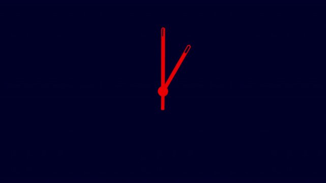 Minimalist red clock hands spinning fast on a dark blue background representing the passage of time time lapse animation for motion graphics and video editing