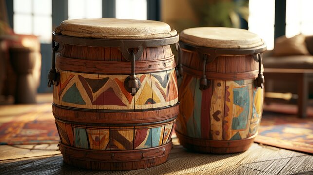 Vibrant Traditional Bongo Drums Showcasing Unique Artistry and Craftsmanship in a Bright Room Setting