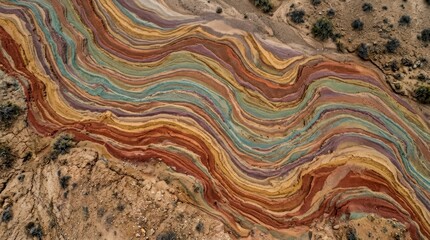 Fototapeta premium Aerial view of colorful rock layers in a desert landscape