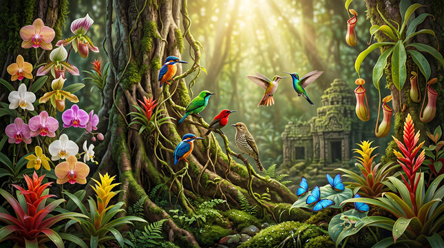 Vibrant jungle scene with orchids, birds, butterflies, and ancient ruins rainforest